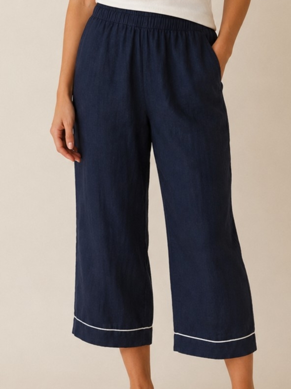 Quince 100% European Flax  Linen Navy Blue Cropped Pajama Lounge Pants Women's L
